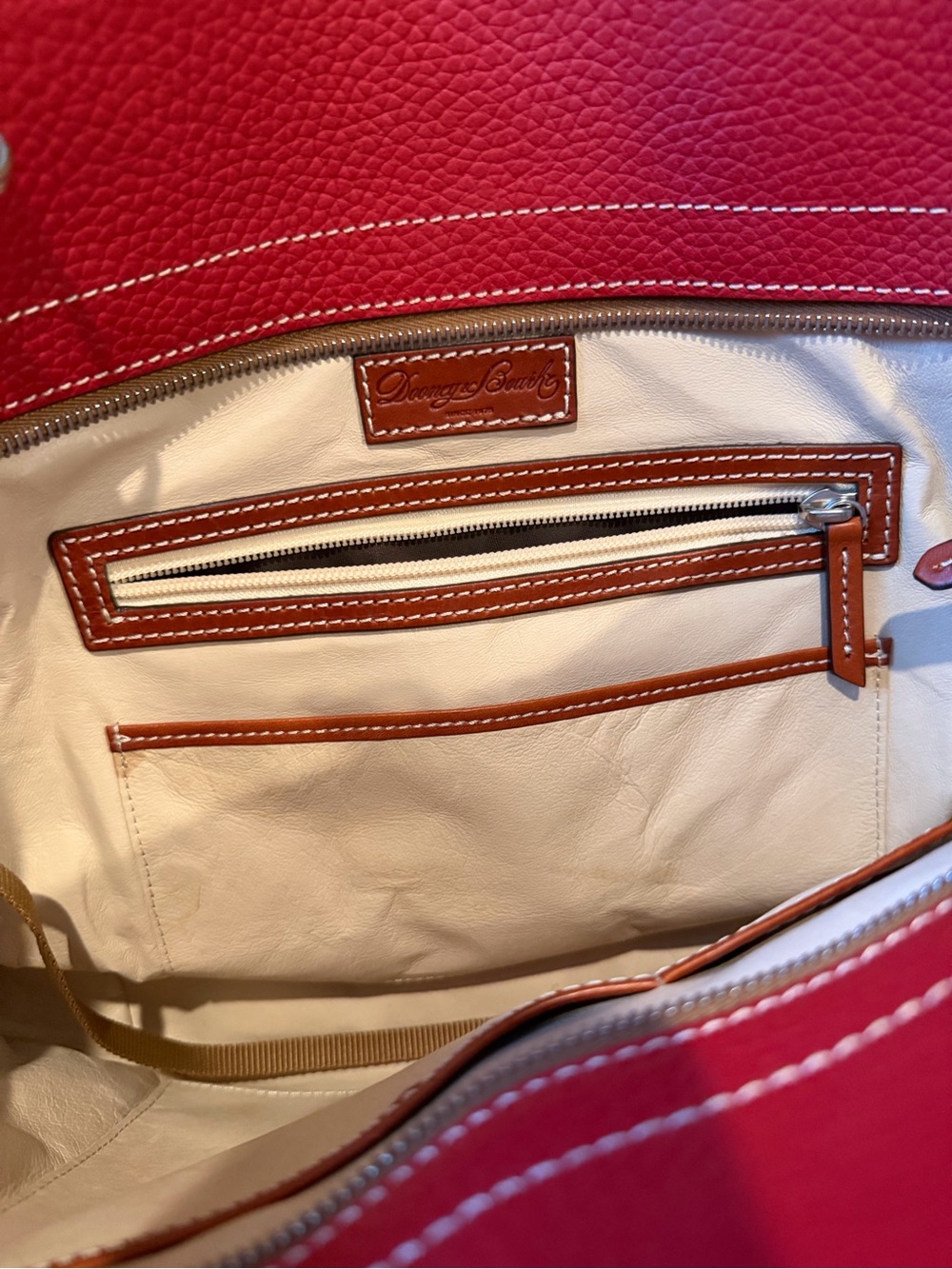 Dooney & Bourke Red Pebbled Leather Tote with classic Brown Handles - Picture 5 of 12